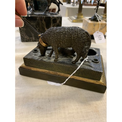 121 - A mid 19th century French bronze and ormolu ink stand, surmounted with figure of a sheep and lamb, e... 