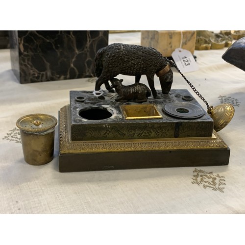 121 - A mid 19th century French bronze and ormolu ink stand, surmounted with figure of a sheep and lamb, e... 