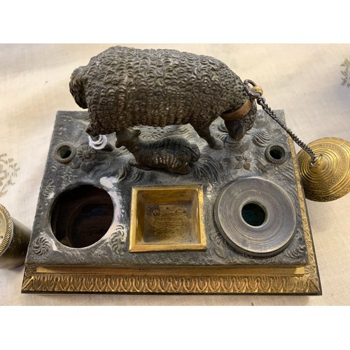 121 - A mid 19th century French bronze and ormolu ink stand, surmounted with figure of a sheep and lamb, e... 