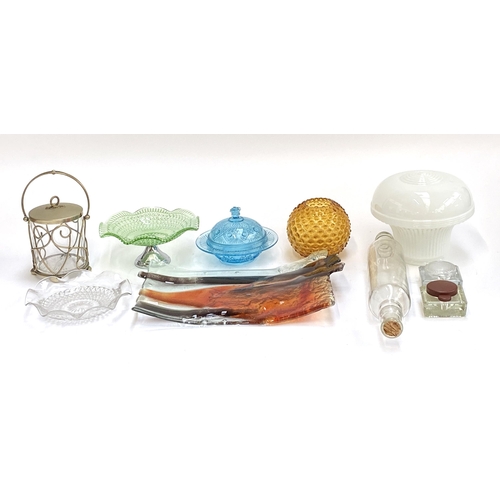 105 - A mixed lot of glass to include studio glass dish, 42cmW; pressed glass bowl; glass rolling pin; gla... 