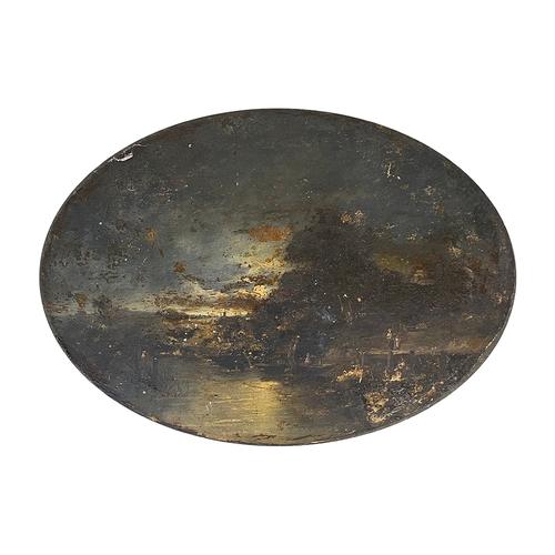 627 - 19th century oil on oval panel, moonrise over a peninsula (af), 42x30cm