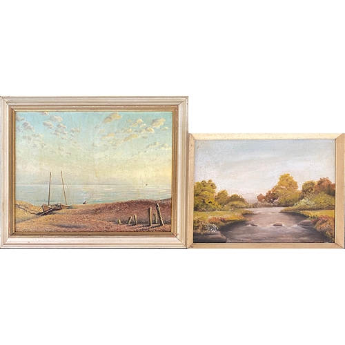 666 - Ruth Crawford, 20th century oil on board, beach scene, 35x45cm; together with one other 30x40cm