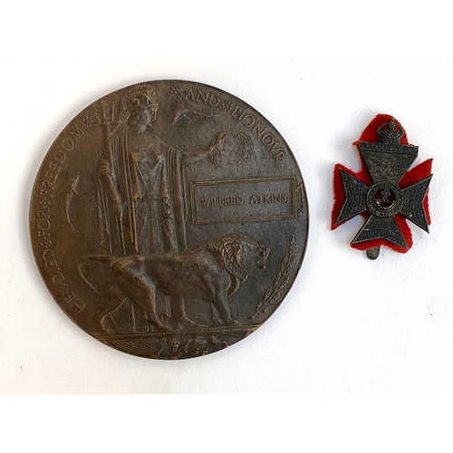 276 - A WWI bronze death plaque/death penny dedicated to Wilfred Atkins; together with a Kings Royal Rifle... 