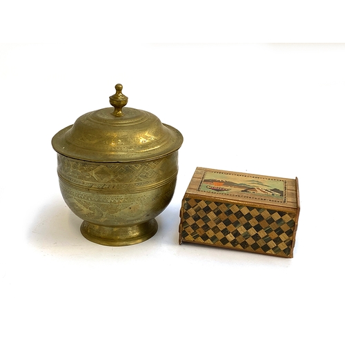 278 - A Japanese puzzle box; together with an Eastern brass lidded pot, 25cmH