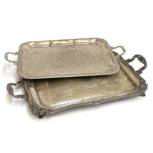 76 - Silver plated twin handled tray, the border chased with shells and scrolls, 68cmW, together with one... 