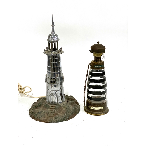 292 - Vintage chrome lighthouse table lamp, 44cmH, together with one other