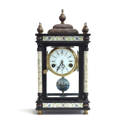 96 - A 19th century French slate and marble mantel clock, the case with four bevelled glass panels, 38cm ... 