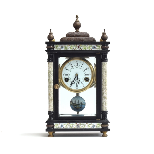 96 - A 19th century French slate and marble mantel clock, the case with four bevelled glass panels, 38cm ... 