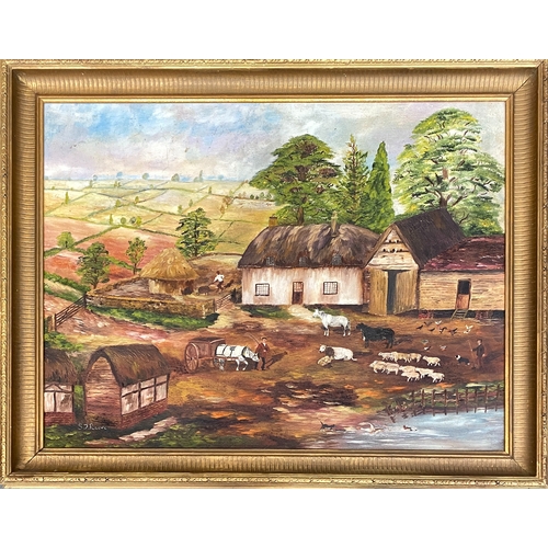 614A - Two 20th century oils on board, signed S.J Reeve, depicting 19th century rural life, 65x90cm and 61x... 