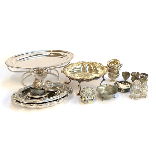 80 - A quantity of silver plated items, to include tray and warming stand, coasters, egg cups etc