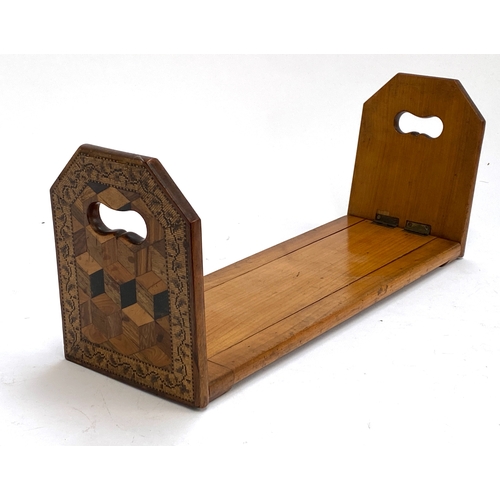 376 - A 19th century Tunbridge ware sliding travel book shelf, 40cmW when closed