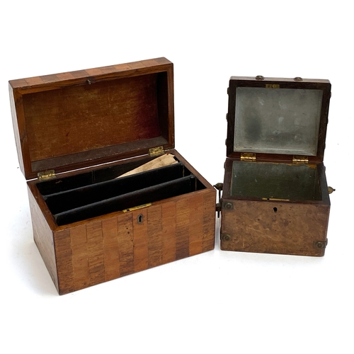 378 - A 19th century parquetry letter box, 22.5cmW; together with a small burr walnut tea caddy, 16cmW (2)