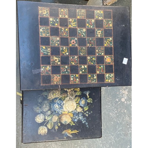 967 - An ebonized papiermache and painted chess table, 44x32x69cmH; together with a further painted papier... 