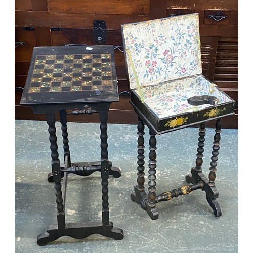 967 - An ebonized papiermache and painted chess table, 44x32x69cmH; together with a further painted papier... 