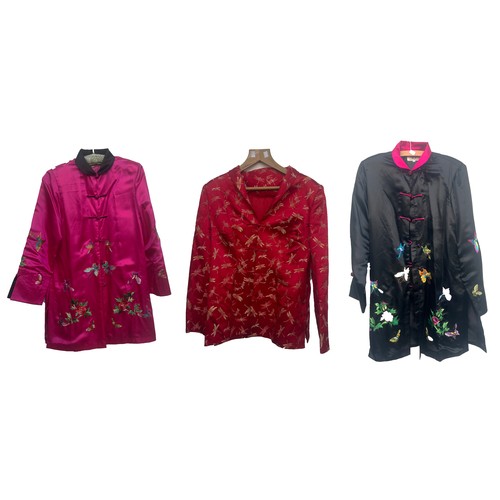 587 - Six silk ladies jackets, to include Thai patchwork silk jackets and Chinese ladies jackets with frog... 