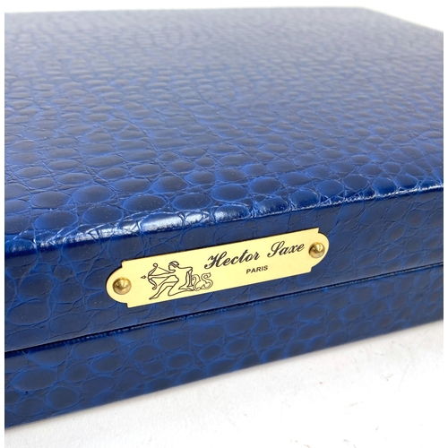 413 - Hector Saxe backgammon set in navy alligator, 46cmW