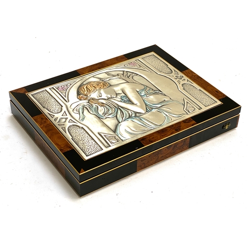 72 - An Italian Pieffe parquetry box, lid inlaid with 925 silver plaque of a sleeping woman, pink suede i... 