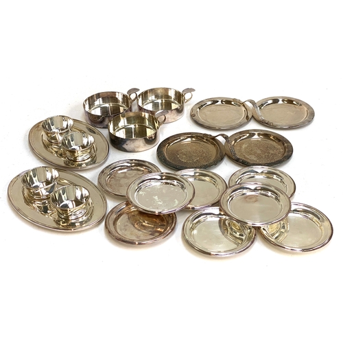 88 - A pair silver plated Hors d'oeuvre dishes; two dip trays; eight silver plated saucers and three asht... 