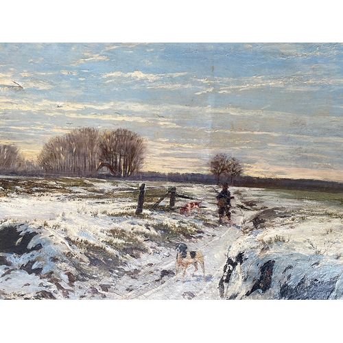 746 - Holger Hvidtfeldt Jerichau (1861-1900), a man with two hounds in a winter landscape, oil on canvas, ... 