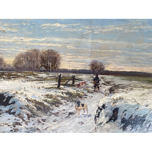 746 - Holger Hvidtfeldt Jerichau (1861-1900), a man with two hounds in a winter landscape, oil on canvas, ... 