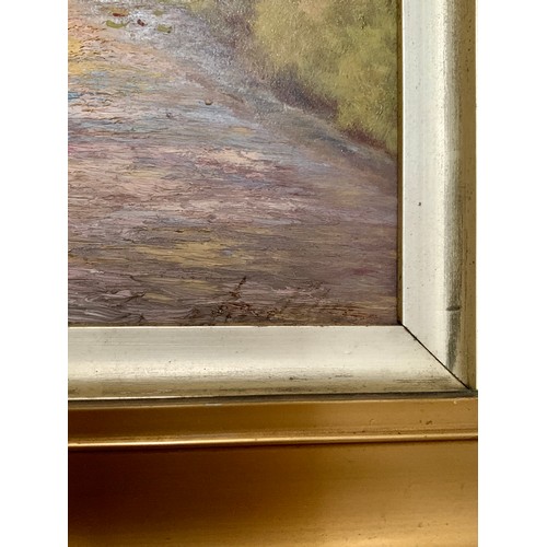 694 - 20th century oil on board, river scene, signed indistinctly lower right 29x22.5cm; title?/quote to v... 