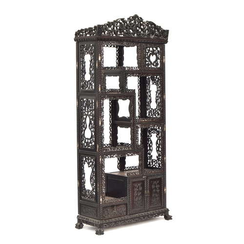 1152 - A Chinese export carved rosewood and mother of pearl inlaid display cabinet, late 19th century, the ... 