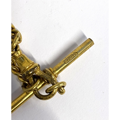 34 - A gilt metal fob chain with t-bar and dog clip, stamped SP&S, 26cmL unclasped