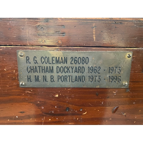 932 - A vintage carpenters chest containing a quantity of tools, bears plaque 'R.G. Coleman 26080, Chatham... 