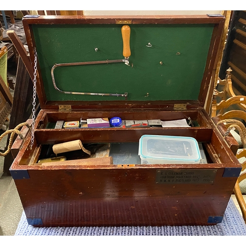 932 - A vintage carpenters chest containing a quantity of tools, bears plaque 'R.G. Coleman 26080, Chatham... 