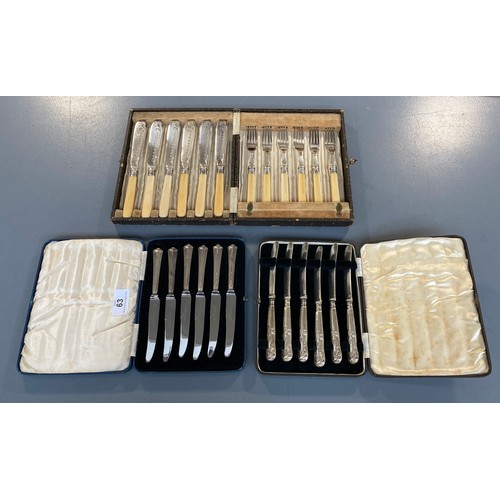 63 - Two cased sets of silver handled knives; together with a cased set of fish knives and forks