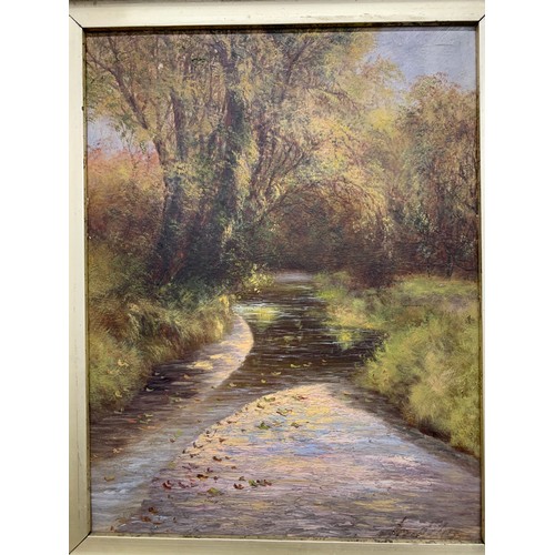 694 - 20th century oil on board, river scene, signed indistinctly lower right 29x22.5cm; title?/quote to v... 