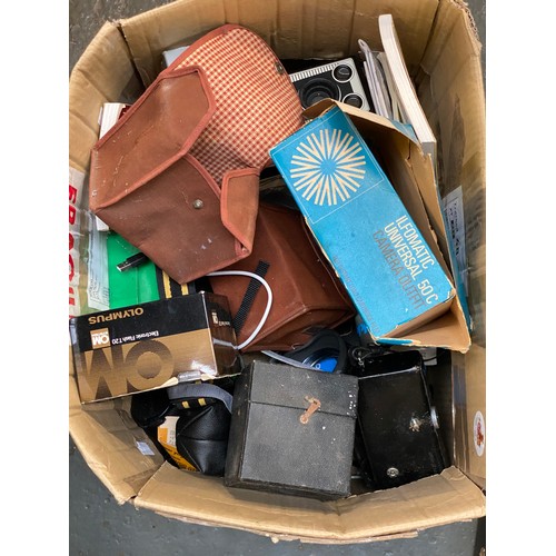 294 - Two boxes of photographic equipment, various 35mm cameras to include Fujica 35, Petri 7s, Petri Comp... 