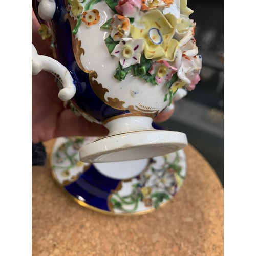 362 - A 19th century Derby porcelain twin handled cup and saucer with floral encrusted decoration, 8cmH