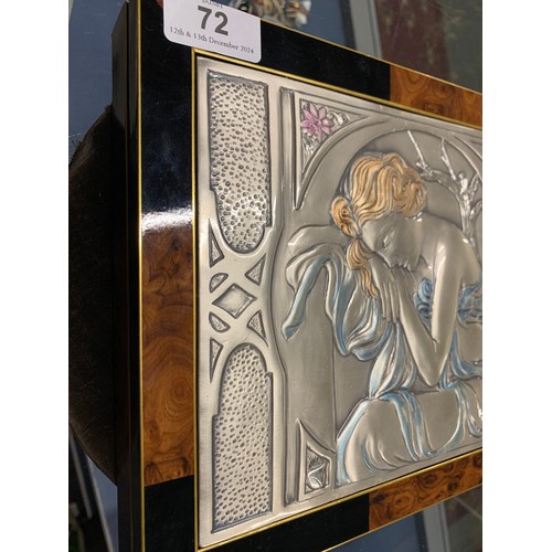 72 - An Italian Pieffe parquetry box, lid inlaid with 925 silver plaque of a sleeping woman, pink suede i... 