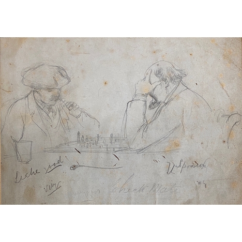 494 - A late 19th century pencil sketch of two gentlemen playing chess, 13x18.5cm, framed together with a ... 