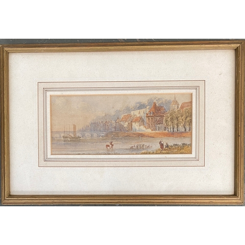 429 - Late 19th/early 20th century watercolour, view of a town across an estuary, 10x24cm