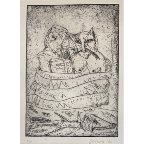 442 - John Bellany CBE RA HRSA (1942-2013), 'Self portrait with cat', etching, signed Bellany '85, and num... 