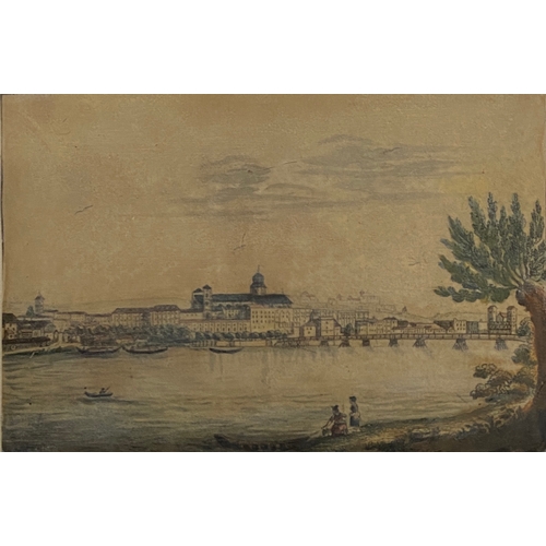 449 - A small 19th century watercolour of a city seen from across a waterway, 9.5x13.5cm