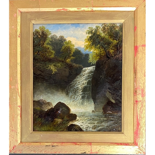 455 - 19th century oil on canvas depicting a wooded waterfall, 30x24cm