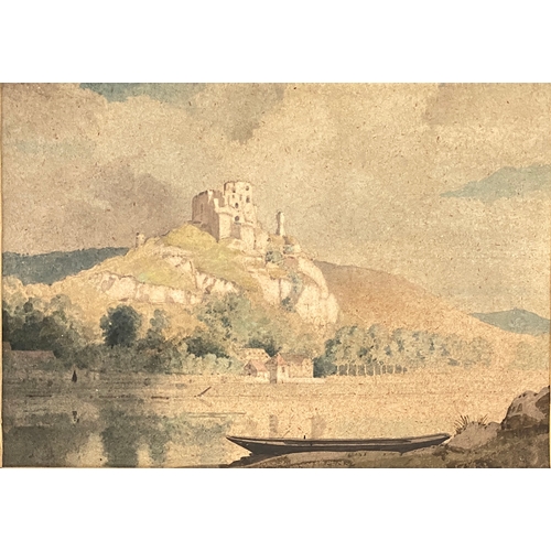 460 - Charles Louis Geoffroy-Dechaume (1877–1944), watercolour of Chateau Gaillard with a punt in the fore... 