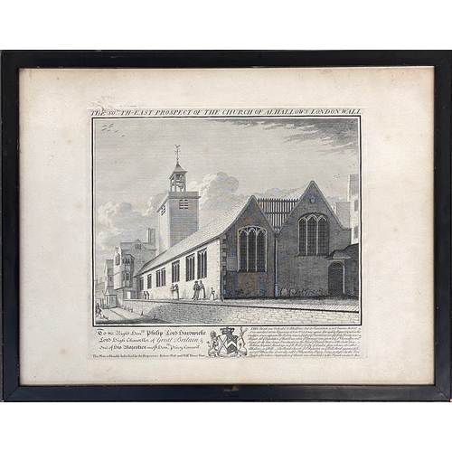 462 - An 18th century engraving, The South-East Prospect of the Church of Alhallows London Wall, engraved ... 