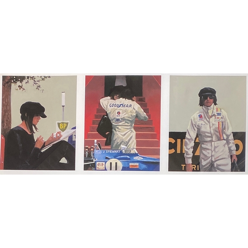 558 - Jack Vettriano OBE (b.1951), 'Tension, Timing, Triumph- Monaco 1971', triptych colour print, signed ... 