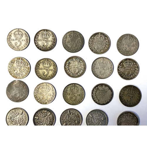 63 - A collection of mainly 19th and early 20th century threepence coins, to include maundy coins, dates ... 