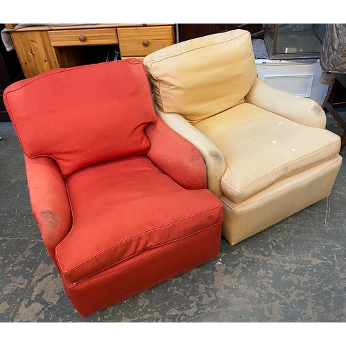 850 - A good pair of early 20th century armchairs, in Howard style, in need of reupholstry, approx. 66cmW