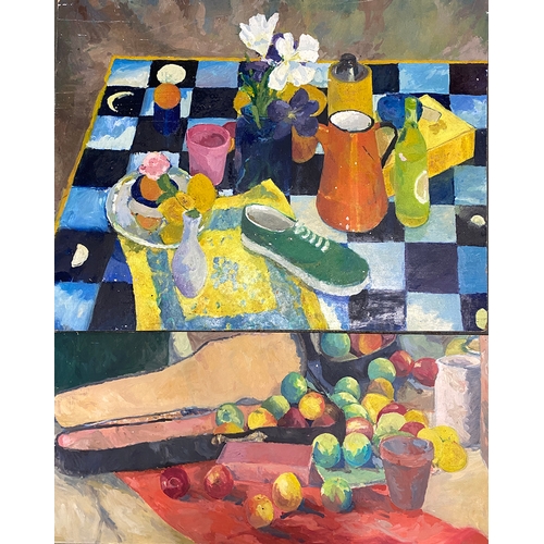 554 - A large 20th century still life of flowers, bottles and a shoe on a checkered tablecloth, oil on boa... 