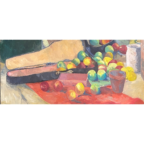 554 - A large 20th century still life of flowers, bottles and a shoe on a checkered tablecloth, oil on boa... 