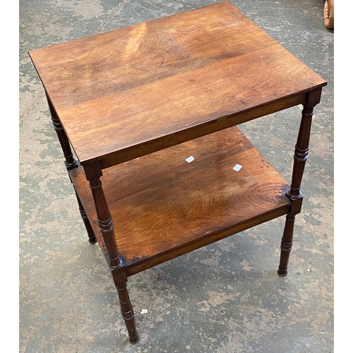 864 - Two 19th century rosewood etageres, one with single drawer, on turned legs and casters, 51x40x68cmH ... 