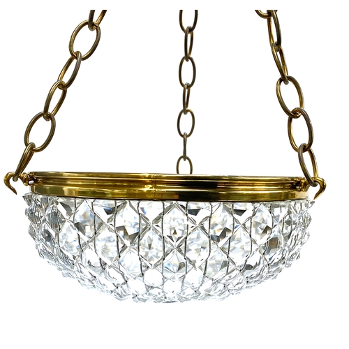 293 - A smart cut glass ceiling pendant light, brass mounted, suspended by three chains, 25cmD