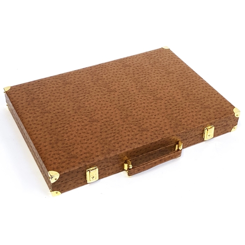 279 - A Hector Saxe large luxury backgammon set, in brown ostrich case, 52cm wide, with dustbag