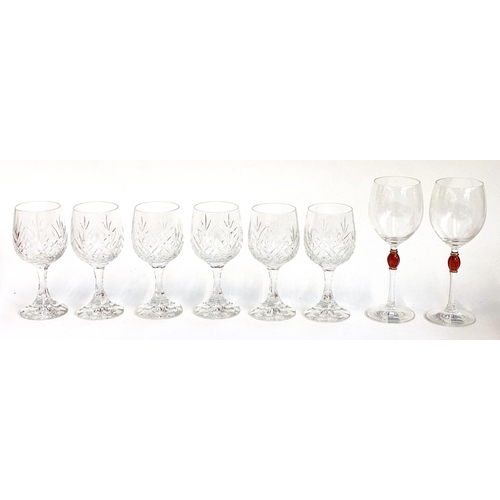 107 - A boxed set of six Schott Sweisel 'turner burgundy' wine glasses, 16cmH; together with a boxed pair ... 